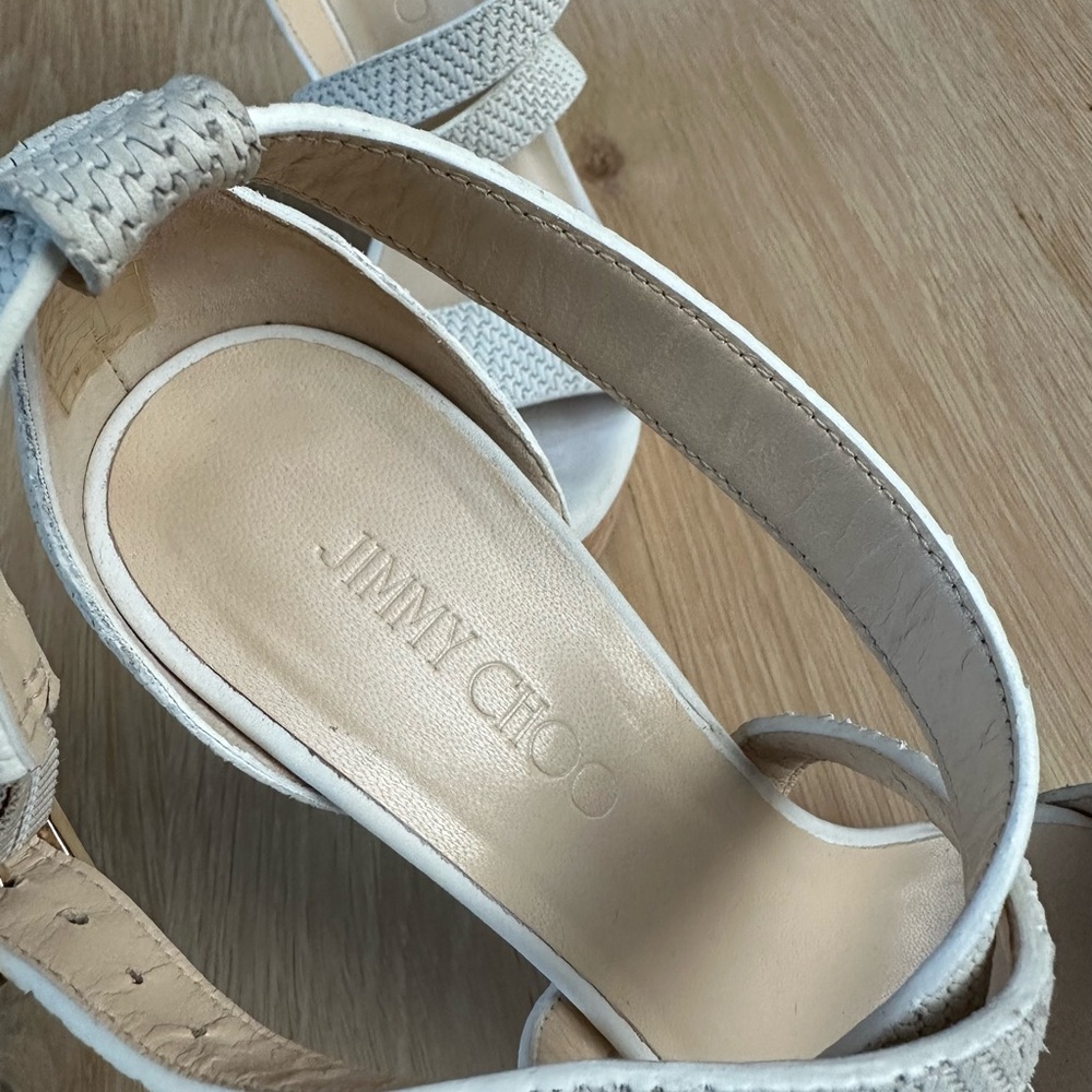 Women’s | Jimmy Choo sandals. Portia 120 woven leather wedge sandal, white. - Picture 8 of 11
